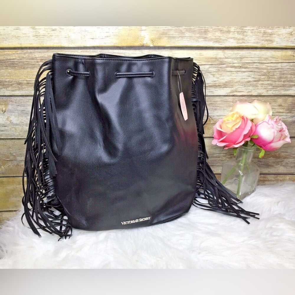 Victoria's Secret Black Vegan Leather Drawstring Fringe Purse Backpack NWT